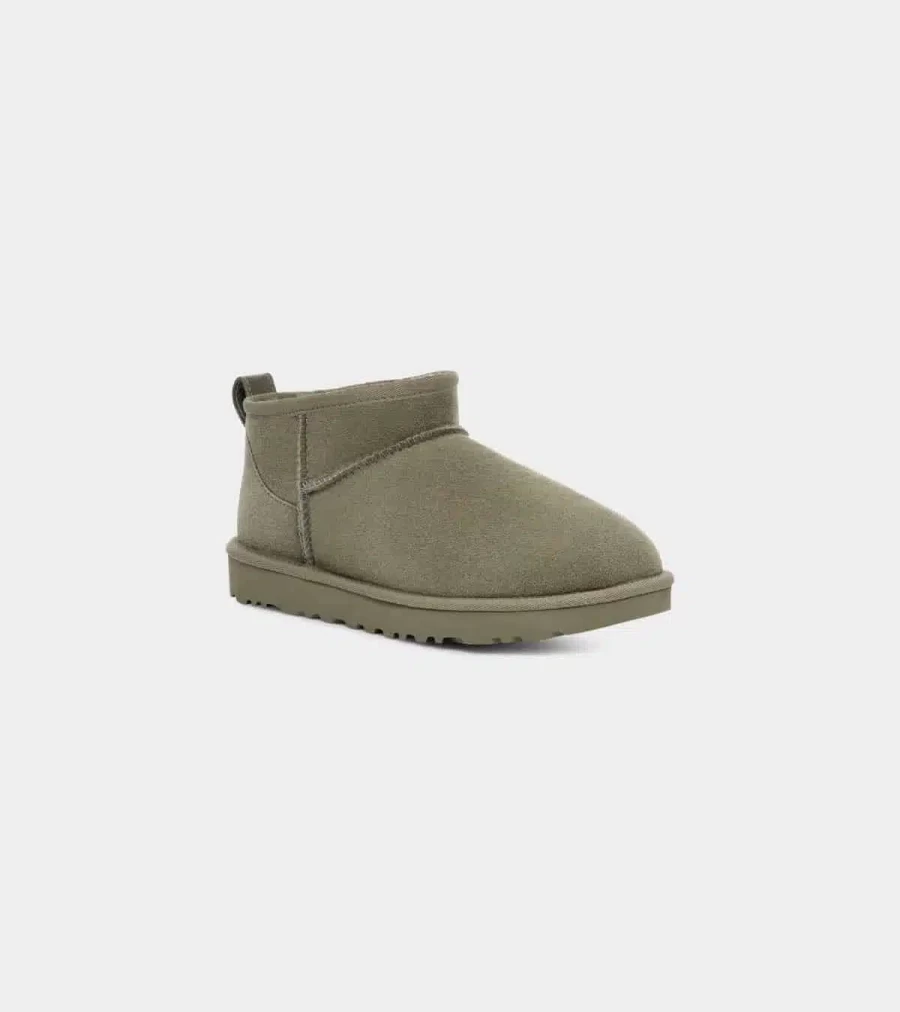 UGG Classic Ultra Mini Boots for Women - Moss Green Suede Ankle Boots with Sheepskin Lining