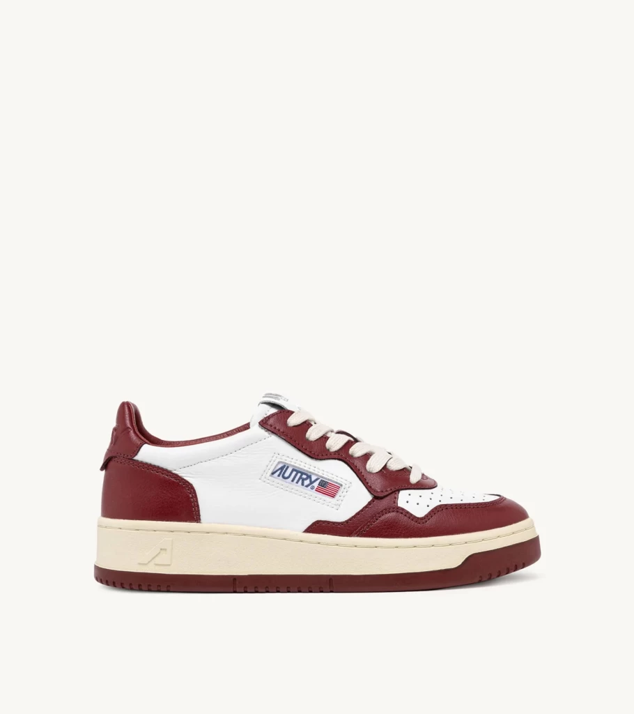 AUTRY Medalist Low Top Leather Sneakers in White & Burgundy Two-Tone Colorway